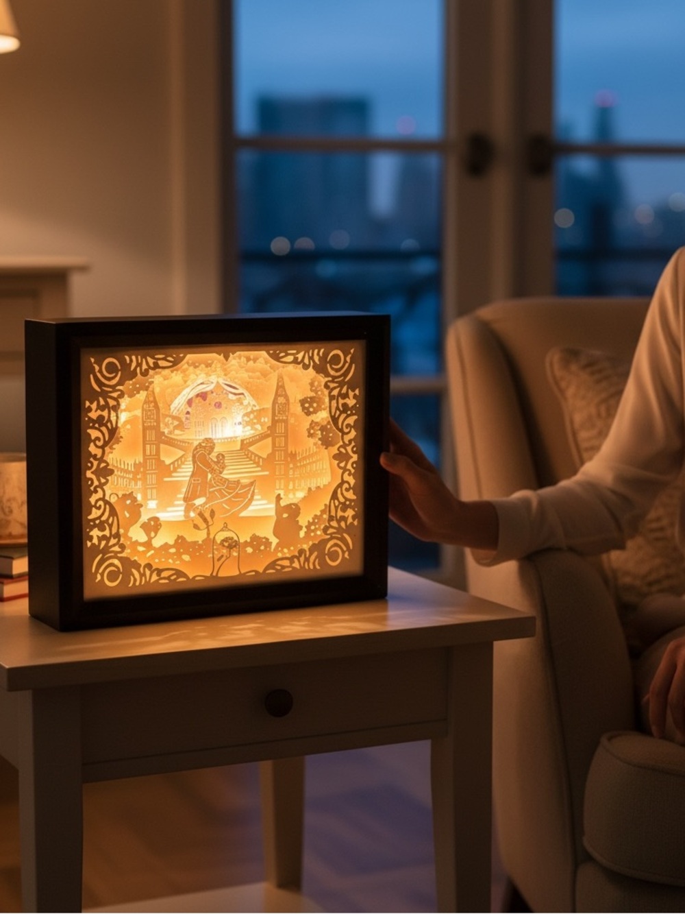 Beauty and the Beast 3D Paper Cut Shadow Box Night Light Black Frame Nursery